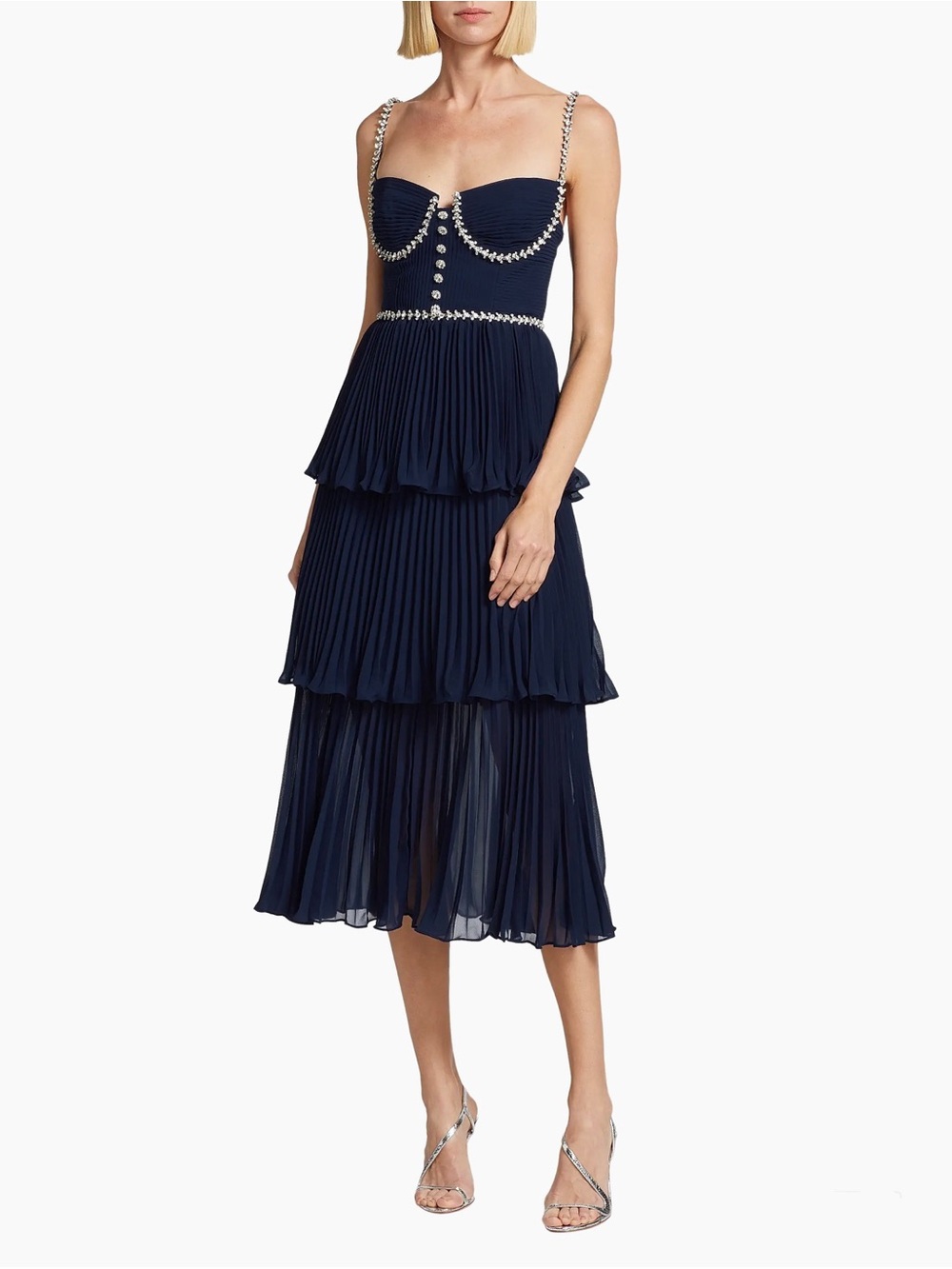 Self-Portrait Diamante-Embellished Pleated Chiffon Midi-Dress size 2
